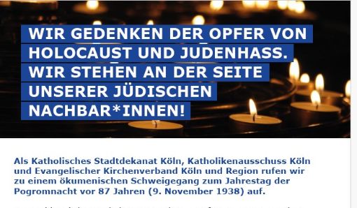 Einladung zum ökumenischen Schweigegang zum Jahrestag der Pogromnacht vor 87 Jahren