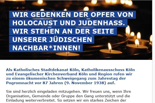 Einladung zum ökumenischen Schweigegang zum Jahrestag der Pogromnacht vor 87 Jahren